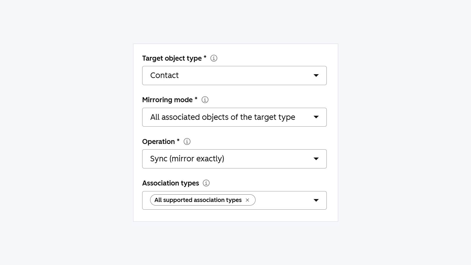 Association Mirror workflow action configured to mirror HubSpot CRM associations